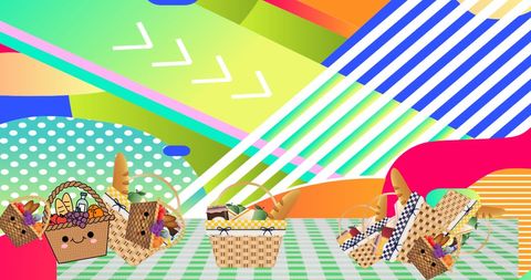 Colorful Picnic Baskets on Artistic Abstract Background