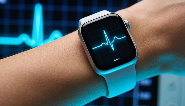 Smartwatch displaying ecg waveform on wrist with cyan grid and white silicone strap