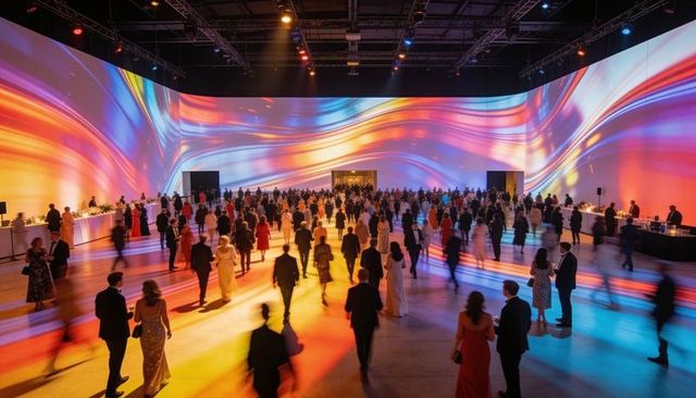 Gala guests mingling under vibrant projection mapping in grand event hall