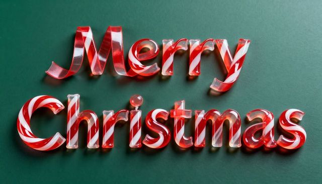 Merry Christmas candy-cane ribbon lettering on dark green background with glossy glass
