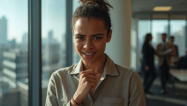 Professional woman standing by office windows holding chin with city skyline backdrop