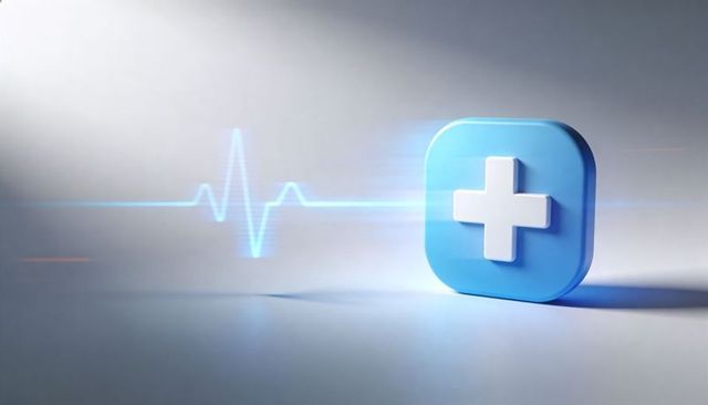 Blue medical cross icon with neon ecg pulse on minimalist gradient background