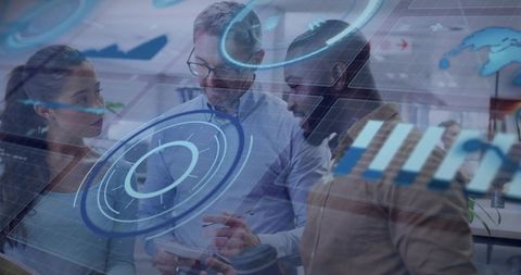 Team Collaborating with Augmented Reality Interface in Modern Open Office Workspace Scene