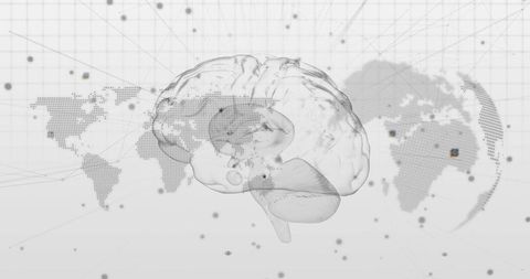 3D Brain with Network Nodes and World Map in Futuristic Grid