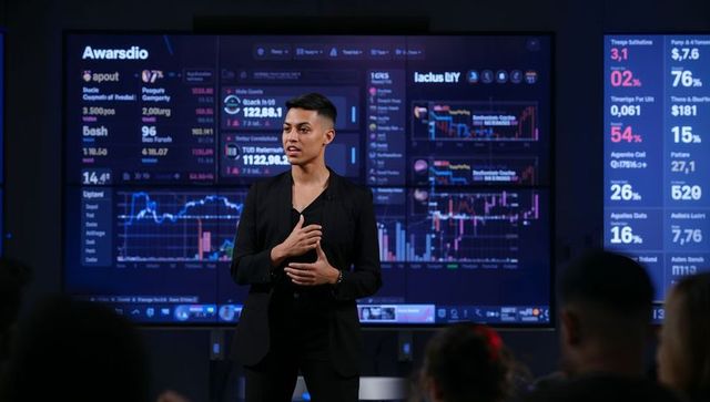 Asian male presenter delivering data-driven briefing with interactive analytics dashboards