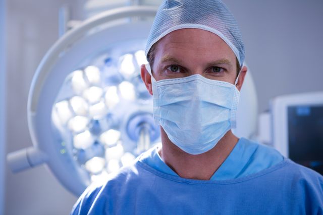 Portrait of male surgeon wearing surgical mask in operation theater at hospital