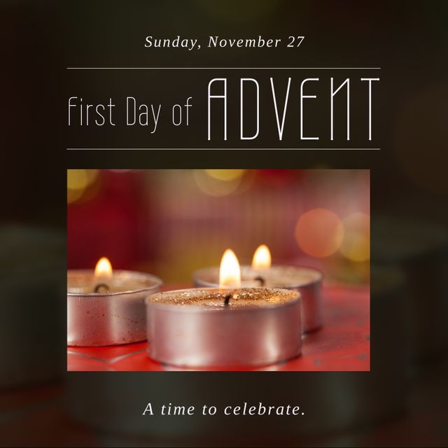 Composition of first day of advent text with candles and light spots on blurred background. Advent tradition and celebration concept digitally generated image.