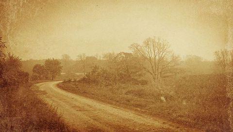 Winding Sepia Dirt Road Leading Through Misty Pastoral Landscape with Vintage Grain