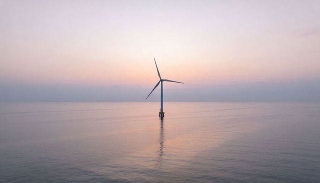 Solitary offshore wind turbine at pastel sunrise reflecting on calm sea surface