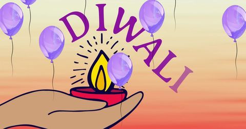 Diwali celebration with floating balloons and candle