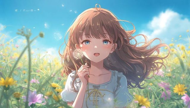 Anime Girl with Dandelion in Sunny Blooming Meadow