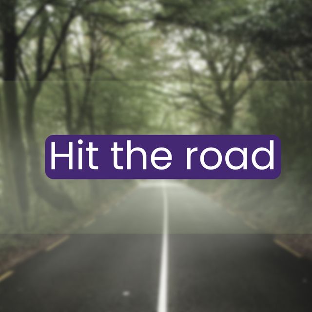 An edited image with the text 'Hit the road' overlaid on an image of a road through a lush forest. Perfect for motivational posters, travel blog headers, adventure-themed social media posts, or marketing materials promoting road trips and outdoor activities.