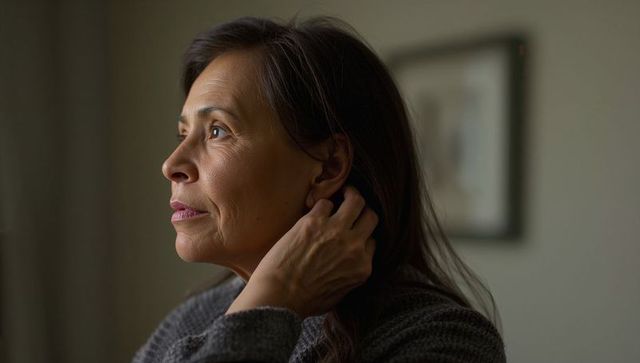 Mature woman gazing thoughtfully by window touching neck in quiet interior