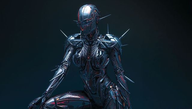 Futuristic cyborg in metallic armor with red highlights