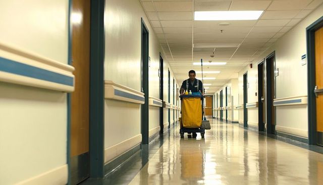 Hospital janitor pushing yellow cleaning cart down polished corridor under fluorescent lights