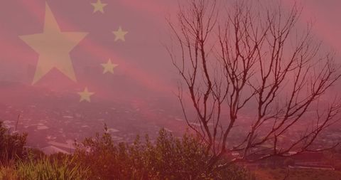 china national flag overlooking foggy cityscape with tree silhouette - Download Free Stock Images Pikwizard.com