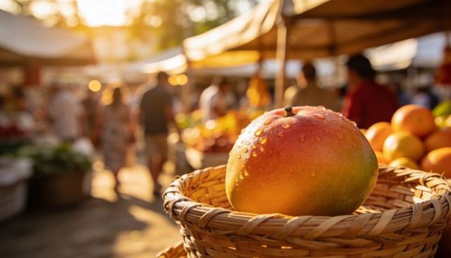 Sunlit ripe mango with dew on wicker basket at outdoor farmers market golden hour closeup