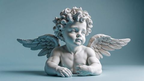 Elegant marble cherub bust with wings in serene setting