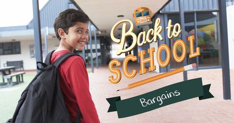Smiling Boy with Backpack Promoting Back-to-School Bargains