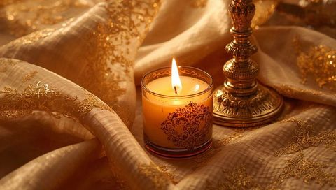 Glowing votive candle on gold brocade with ornate glass holder and gilt pedestal