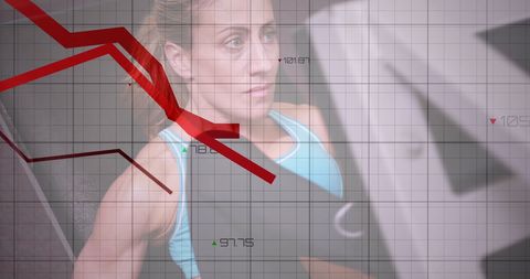 Businesswoman focused on biometric financial analysis with dynamic graphs