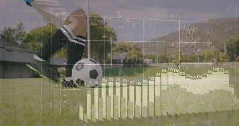 Athlete Dribbling Soccer Ball with Analytics Overlay on Field
