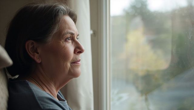 Serene senior woman gazing out window, contemplative profile at home interior