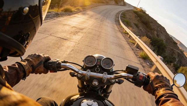 Riding motorcycle on winding sunlit mountain road gripping chrome handlebars at sunset