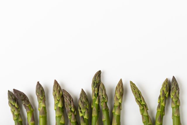 Directly above shot of asparagus on white background, copy space. unaltered, food, healthy eating, studio shot and organic.