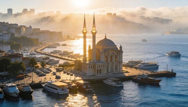 Sunlit ortakoy mosque at sunset on bosphorus waterfront with ferries and cityscape