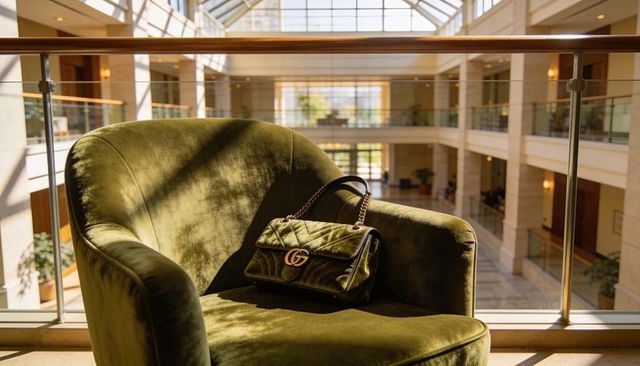 Green velvet chair with quilted designer bag in sunlit hotel atrium skylight luxury lobby