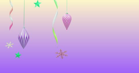 Christmas Baubles and Streamers on Vibrant Purple Background