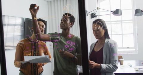Diverse Businesswomen Brainstorming at Office Glassboard
