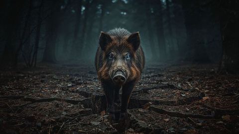 Solitary Wild Boar in Mystical Foggy Forest Landscape