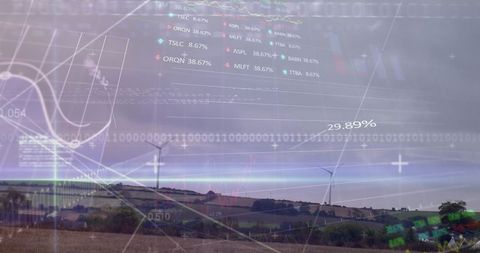 Financial Data Overlay with Wind Turbines in Countryside - Download Free Stock Images Pikwizard.com