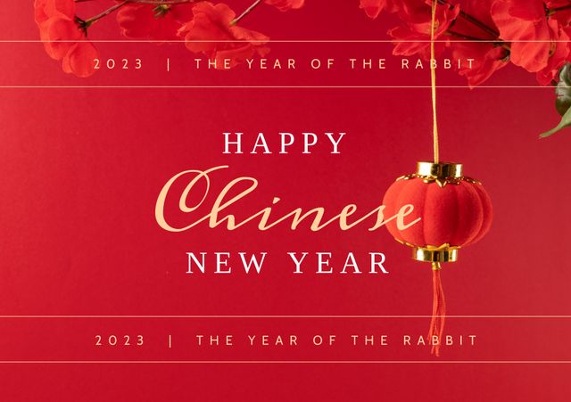 Image showcases a Chinese New Year greeting with ornamental red lantern on vivid red background. Perfect for holiday greetings, invitations, posters, or advertisements celebrating Chinese culture and traditions.