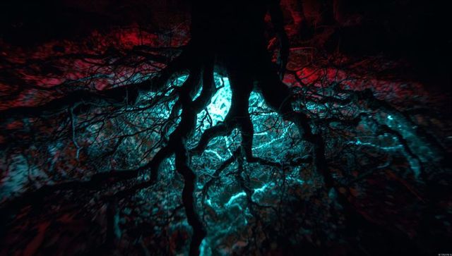 Glowing Mystical Roots in a Subterranean Chamber