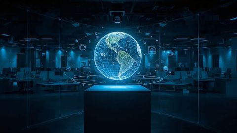 Holographic Globe Projection in Futuristic Office Environment