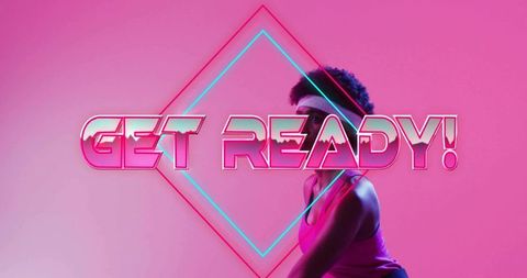 Neon fitness ready: athletic woman posing in pink studio with get ready graphic