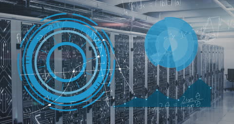 Digital Data Processing Over Server Room with Futuristic Graphics