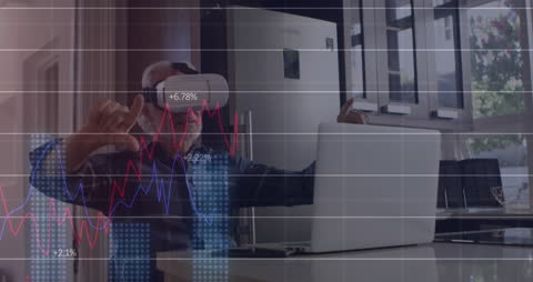 Futuristic Businessman Analyzing Financial Data with VR Headset