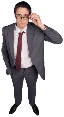 Curious businessman lifting glasses on transparent background