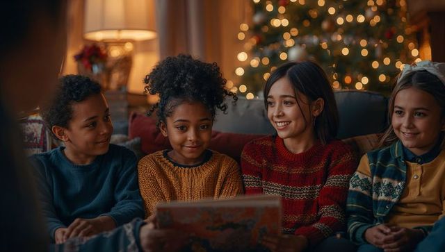 Diverse Children Enjoying Festive Storytime Near Christmas Tree