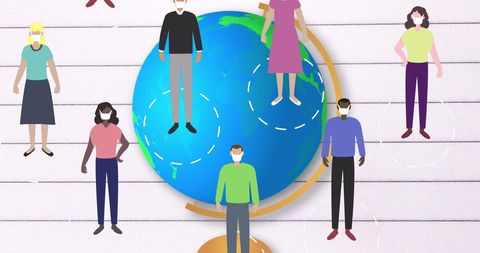 Pictogram Social Distancing Around Globe with Masks