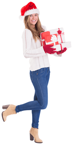 Transparent Festive Woman Holding Gift Boxes and Wearing Santa Hat