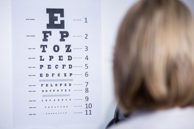Optometrist examining eye chart in clinic, focusing on vision test. Useful for illustrating eye exams, vision care, and ophthalmology services. Ideal for healthcare websites, medical brochures, and educational materials about eye health.