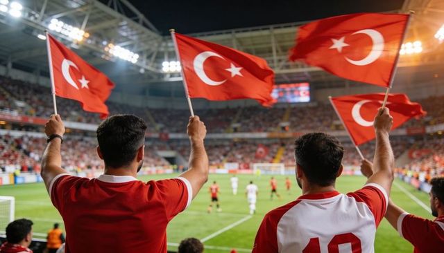 Passionate turkish football fans waving flags in packed stadium night match