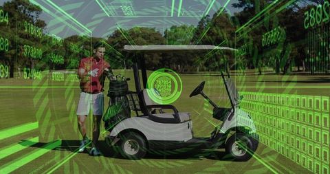 Golfer standing beside golf cart on fairway with futuristic green hud and data overlay