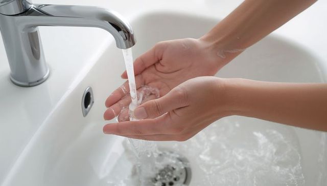 Cupped Hands Collecting Running Water from Chrome Faucet for Hand Washing and Hygiene in Sink