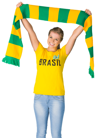 Enthusiastic supporter holding green and yellow scarf with brasil t-shirt transparent background